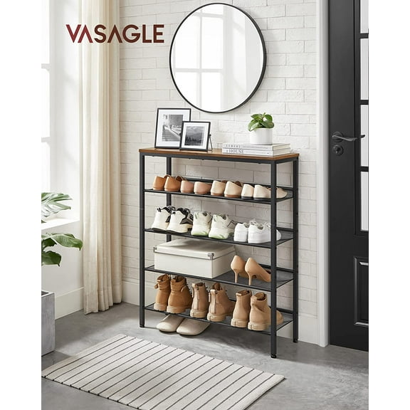 Shoe Rack for Entryway, 5-Tier Shoe Rack Organizer with Storage Shelves and Spacious Top, Freestanding, Adjustable, Industrial, Rustic Brown and Ink Black ULBS038B01