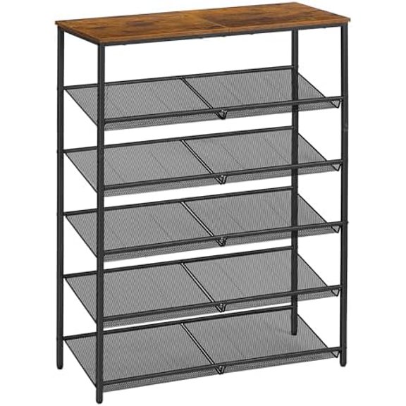 Shoe Rack for Entryway, 6-Tier Shoe Rack Organizer with Storage Shelves and Spacious Top, Freestanding, Adjustable, Industrial, Rustic Brown and Ink Black ULBS044KD01