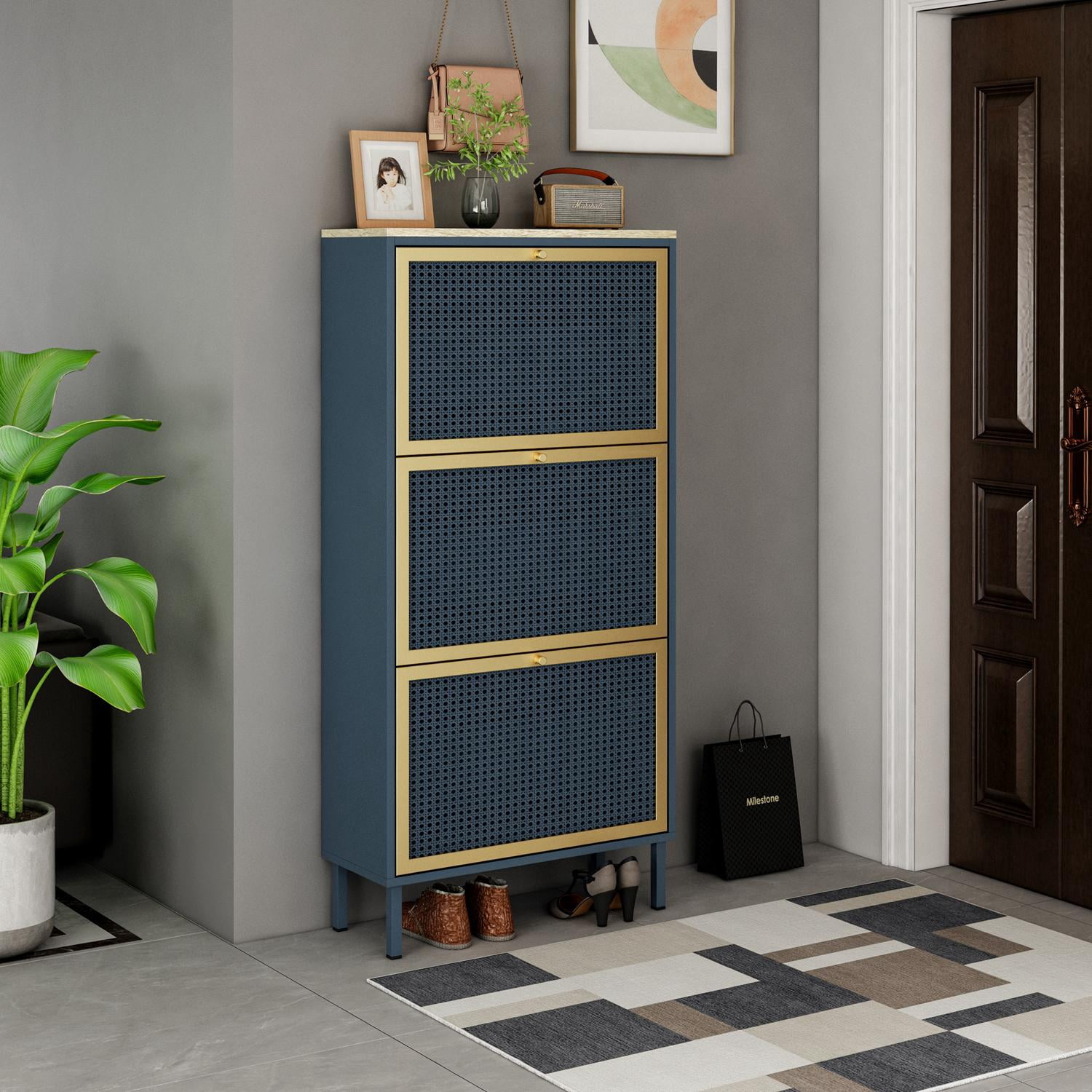 Shoe Rack, Entryway Cabinet, Metal Door Shoe Rack with 3 Doors and Double Shelf, Blue-Gray for Entryway, Freestanding