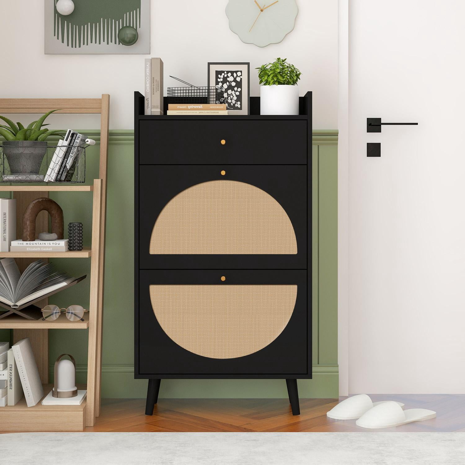 Shoe Rack, Entryway Cabinet, Rattan Shoe Cabinet with 2 Doors 1 Drawer and Double Shelf, Black for Entryway