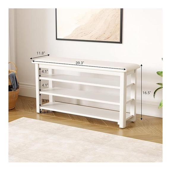 Shoe Rack with Leather Cushion 3-Tier Shoe Rack Organizer for Entryway Hallway or Living Room Farmhouse Rustic Wooden Seat Beige 11.8" Dx39.4 Wx20.4 H