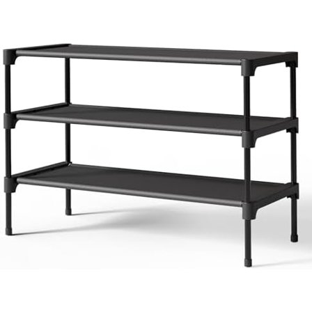 Shoe Rack - Non-Woven Shoe Rack Shelf, Shoe Organizer for Closet, Entryway, Garage & Corridor, Stackable Shoe Shelves, 27.5" Wide - 3 Tier, Black