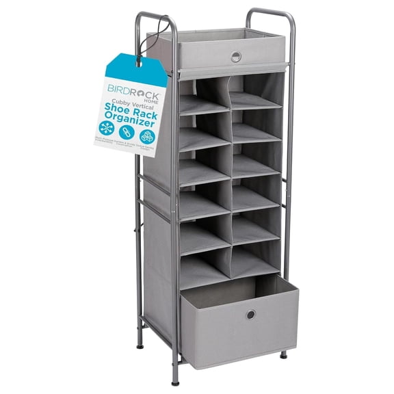 Shoe Rack Organizer 12 Cubby with Drawer - Grey Vertical Tower - Free Standing Closet Storage - Metal Frame - Space Saver for Bedroom