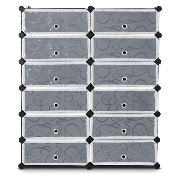 Shoe Rack Organizer, 12-Cube Modular Plastic Shoes Storage Cabinet with 6-Tier Shoe Shelves & Transparent Doors, DIY Design, Freestanding Shoe Cabinet for 24 Pairs Shoes (Black)