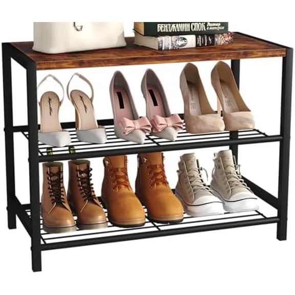 Shoe Rack Organizer, 3 Tier Industrial Shoe Storage Shelf for Closet Entryway, Narrow Sturdy Metal Shoe Shelves, Rustic Brown
