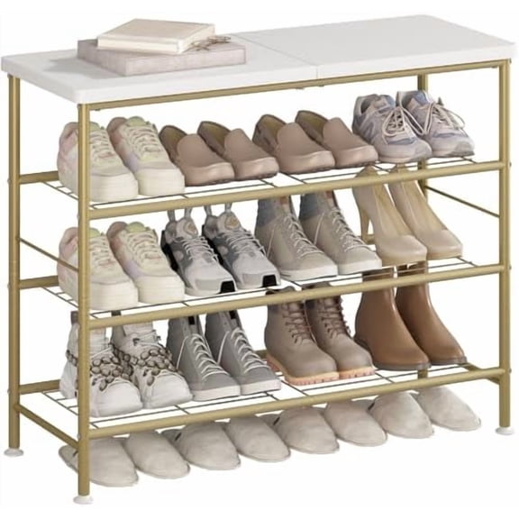 Shoe Rack Organizer 4 Tier for Closet Entryway Free Standing Metal Storage Shoe Shelf with MDF Top Board，Gold