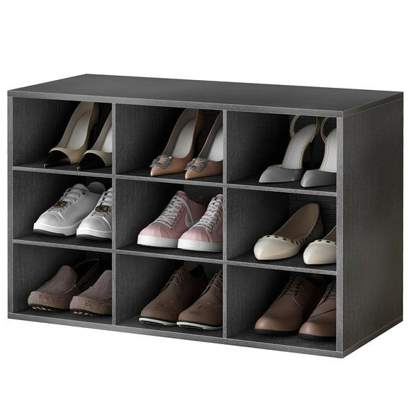 Shoe Storage Bench, Cubby Shoe Rack with 9 Cubbies, 3-Tier Wood Shoe Rack Organizer, Shoe Organizer Cabinet for Entryway, Hallway, Closet and Garage, Black