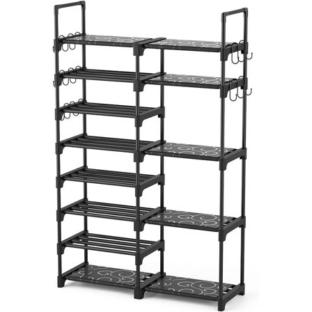 MY Shoe Rack Organizer, 8-Tier Metal Shoe Rack for Closet Entryway Garage, 26-32 Pairs Tall Shoe Boot Storage Shelf with 15 Hooks, Stackable Large Shoe Stand