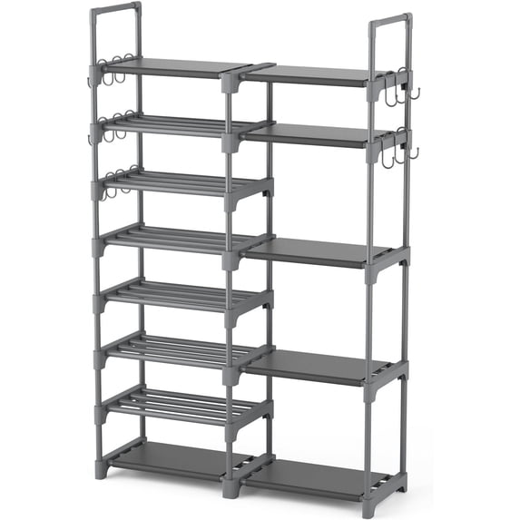 Shoe Rack Organizer, 8-Tier Metal Shoe Rack for Closet Entryway Garage, 26-32 Pairs Tall Shoe Boot Storage Shelf with 15 Hooks, Stackable Large Shoe Stand