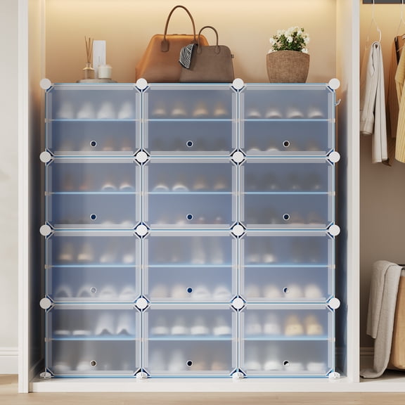 Shoe Rack Organizer with Doors, 3 Columns 8 Tiers Modular Shoe Storage Cabinet, 12 Cube Plastic Shoe Organizer with Metal Frame, DIY Closet Storage for Entryway Bedroom 49.2x13.4x48.8 inch, Blue