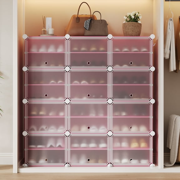 Shoe Rack Organizer with Doors, 3 Columns 8 Tiers Modular Shoe Storage Cabinet, 12 Cube Plastic Shoe Organizer with Metal Frame, DIY Closet Storage for Entryway Bedroom 49.2x13.4x48.8 inch, Pink