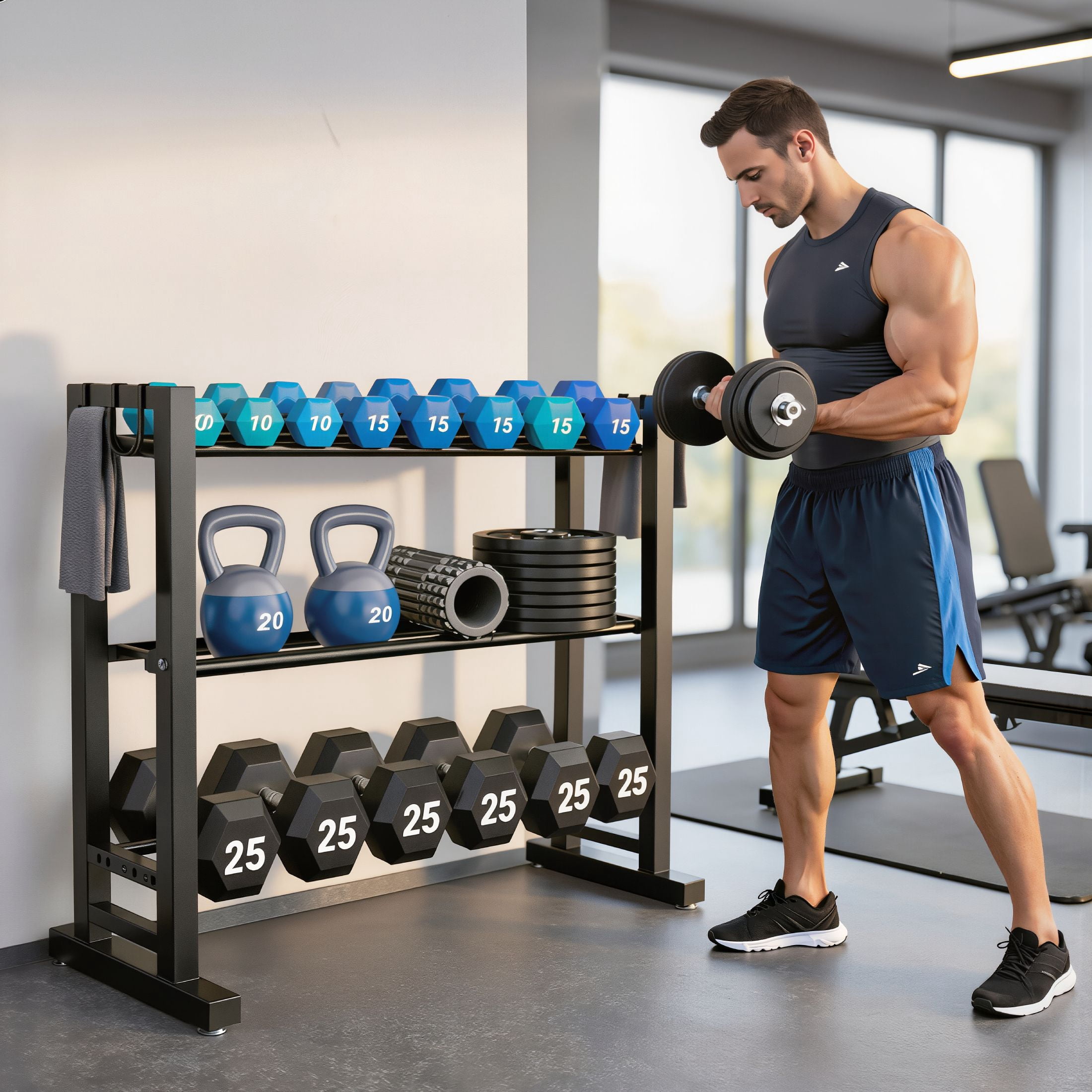 Dumbbell Rack,POPO 3-Tier Weight Rack for Dumbbell with Extended Base and Hooks,450LBS Max Capacity,Black