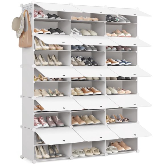 Shoe Rack, Plastic Shoe Cabinet, 10 Levels, Shoe Rack Organiser Holds 60 Pairs of Shoes, Space Saving, for Hallway, Bedroom, Living Room, Entrance (White)