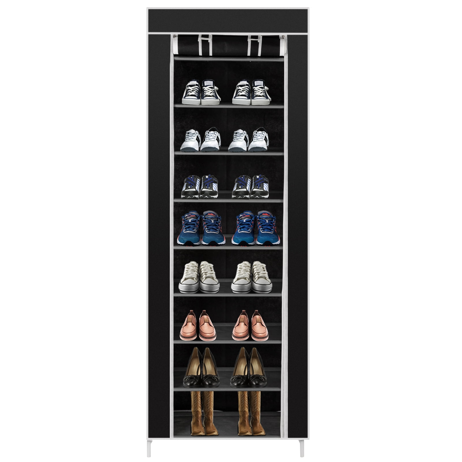 Shoe Rack, Room-saving 10-Layers 9 Lattices Non-woven Fabric, Black