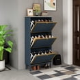 thumbnail image 1 of Shoe Rack Storage Cabinet, Modern Wooden 3-Tier Freestanding Shoe Storage Cabinet with Metal Base and Metal Handle, Shoe Rack Organizer for Living Room, Bathroom, Entryway, Blue, 1 of 9