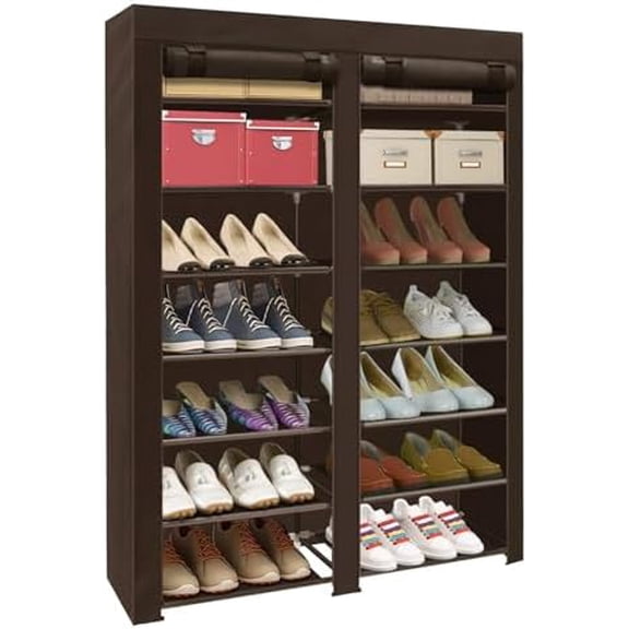 Shoe Rack Storage Organize, 28 Pairs Portable Double Row with Nonwoven Fabric Cover Shoe Shelf Cabinet for Closet