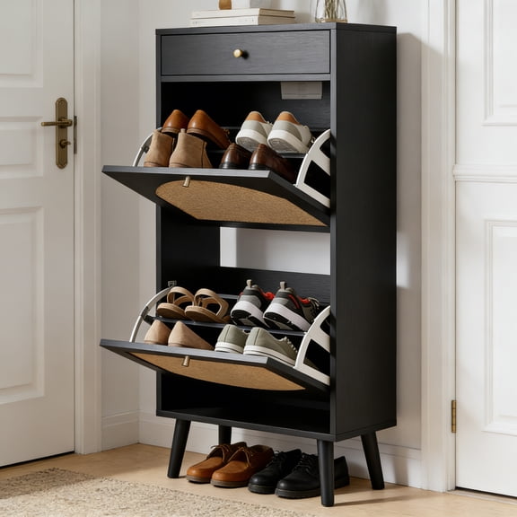 Shoe Rack Storage Organizer, Rattan-Panel 1-Drawer 2-Tilt-Out Shoe Storage Cabinet, Hidden Shoe Storage for Entryway, Ideal for Heels, Slippers, Casual Shoes, Black