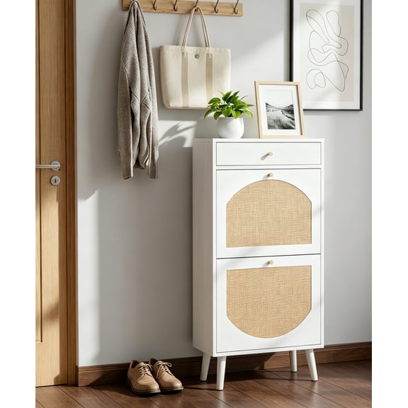 Shoe Rack Storage Organizer, Rattan-Panel 1-Drawer 2-Tilt-Out Shoe Storage Cabinet, Hidden Shoe Storage for Entryway, Ideal for Heels, Slippers, Casual Shoes, White