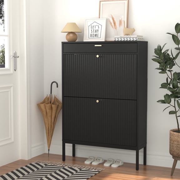 Brafab Slim Entryway Shoe Organizer with 2 Flip Drawers & 1 Small Drawer, Dark Black, 12 Pairs