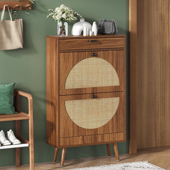 Shoe Rack Storage Organizer with 2 Natural Semi-Circular Rattan Doors, Entryway Wooden Shoe Cabinet for Sneakers, Leather Shoes, Heels, Slippers