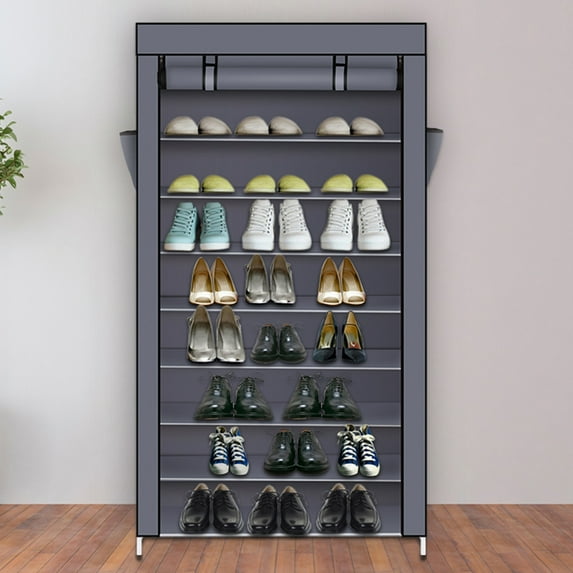Shoe Rack-UWR-Nite Free Standing 10-Tier Foldable Metal Shoe Tower 27 Pair Nonwoven Fabric Cover Shoe Storage Organizer Unit Entryway Shelf Stackable Cabinet