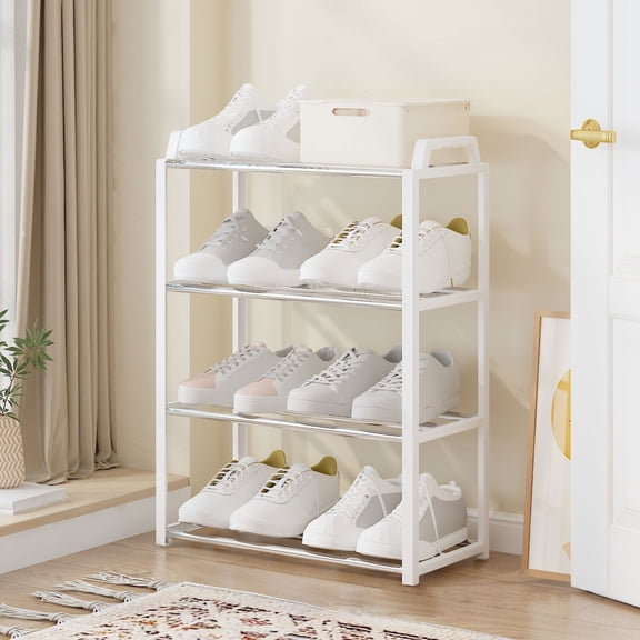 Shoe Rack for Front Door Entrance, 4 Tier Shoe Rack for Entryway, 12-16 Pairs of Shoes, Metal Shoe Rack Organizer, Free Standing Shoe Rack for Closet