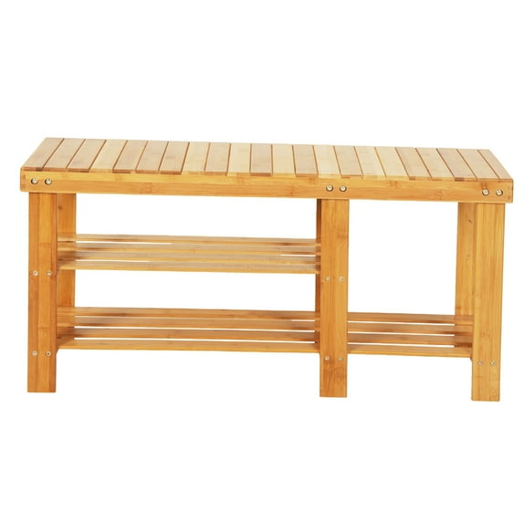 Shoe Rack for Home, 90cm Strip Pattern Tiers Bamboo Stool Shoe Bench, Wood Color Shoe Rack Organizer with Boots Compartment