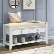 Shoe Rack with 2 Drawers, Wood Storage Bench with Cushioned Seat for Entryway Living Room and Bedroom, White
