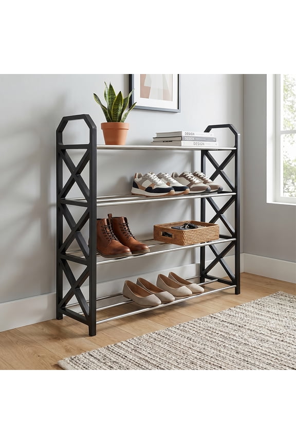 Shoe Rack with 4-Tier Metal Shelves, Freestanding Shoe Organizer, Black Entryway Storage