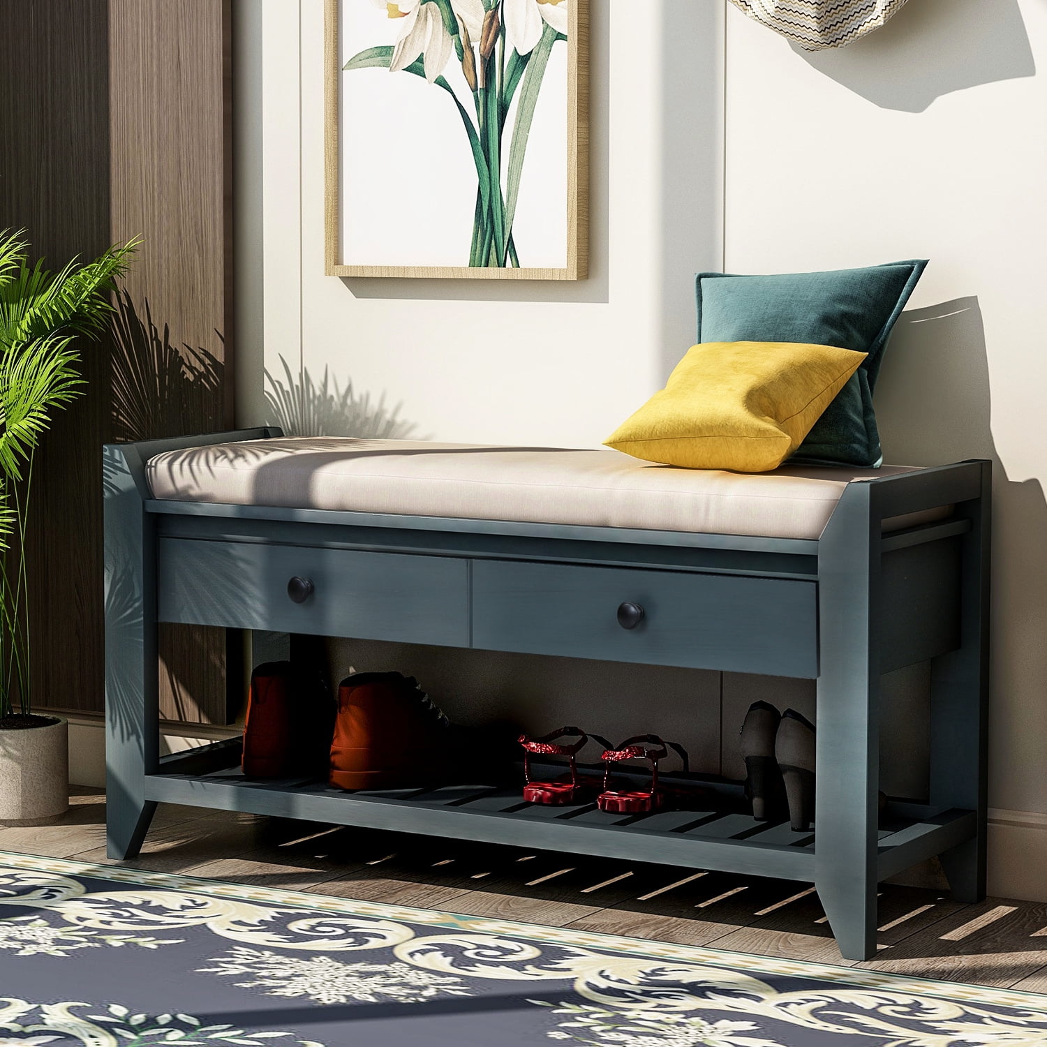 Harper & Bright Designs Shoe Rack with Cushioned Seat and Drawers, Multipurpose Entryway Storage Bench, Antique Navy