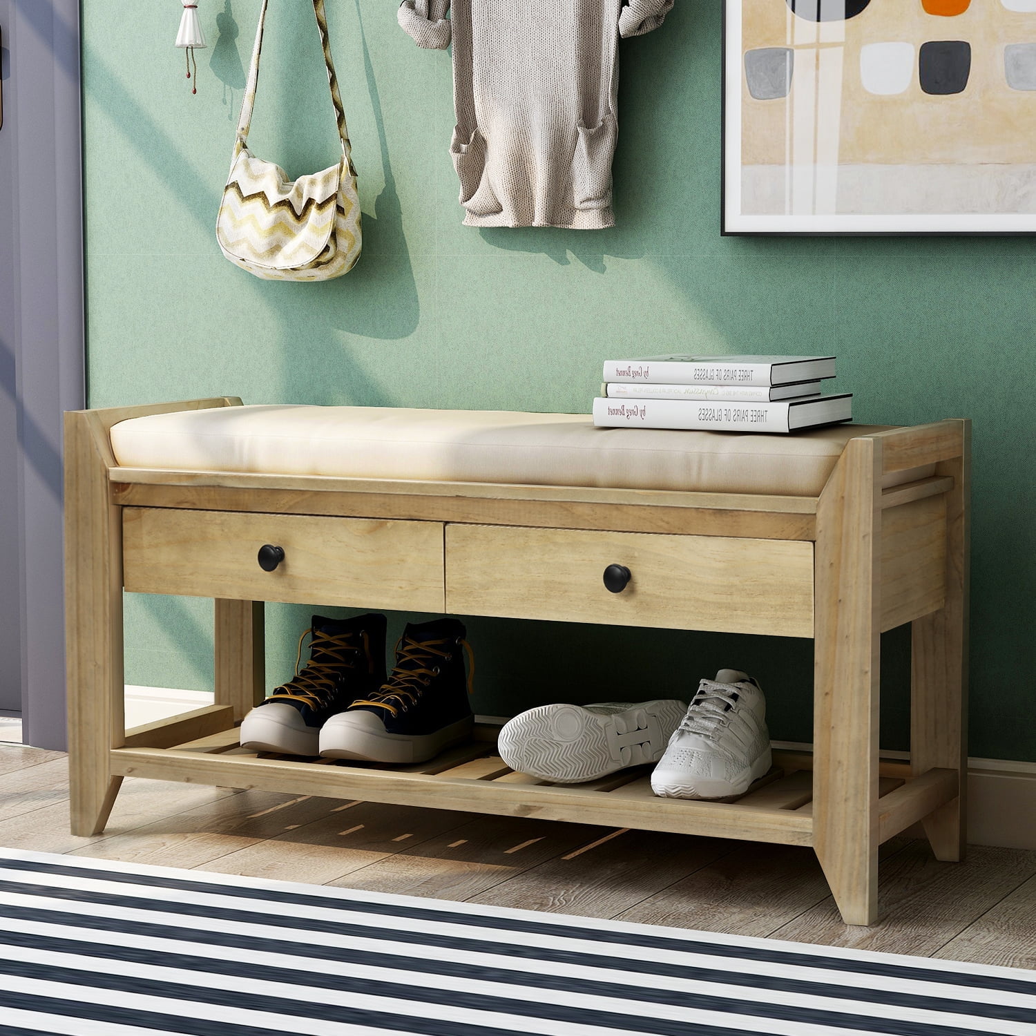 Entryway Storage Bench with Cushioned Seat, Shoe Rack and Drawers Antique  Navy-ModernLuxe
