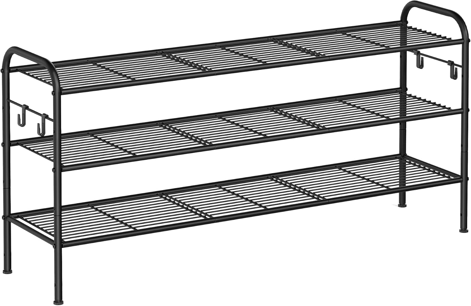 Ink Black 3-Tier Metal Shoe Rack with Side Hooks