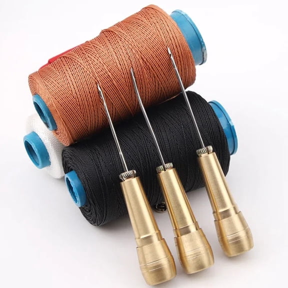 Shoe Repair Sewing Awl Set with Solid Copper Handle, 3 Interchangeable Steel Hook Needles & Black Sewing Thread, DIY Hand Stitching Tool Kit for Canvas Leather Shoe Fixing