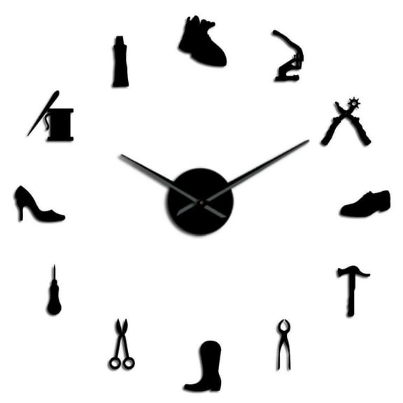 Shoe Repair Tools Frameless Wall Clock Stickers, DIY Modern Decorative Clocks for Living Room, Bedroom, Office - Easy to Install, Large 3D Clock Design (Black,27in)
