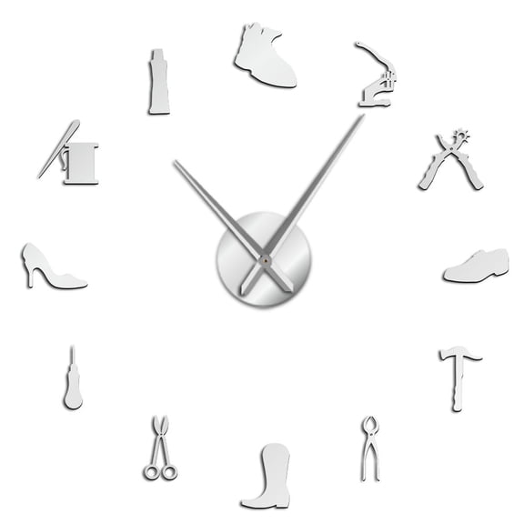 Shoe Repair Wall Art DIY Giant Wall Clock Cobbler Home Decor Frameless Large Wall Watch Shoe Store Shoe Archer Shoemaker Gift(Silver,37inch)