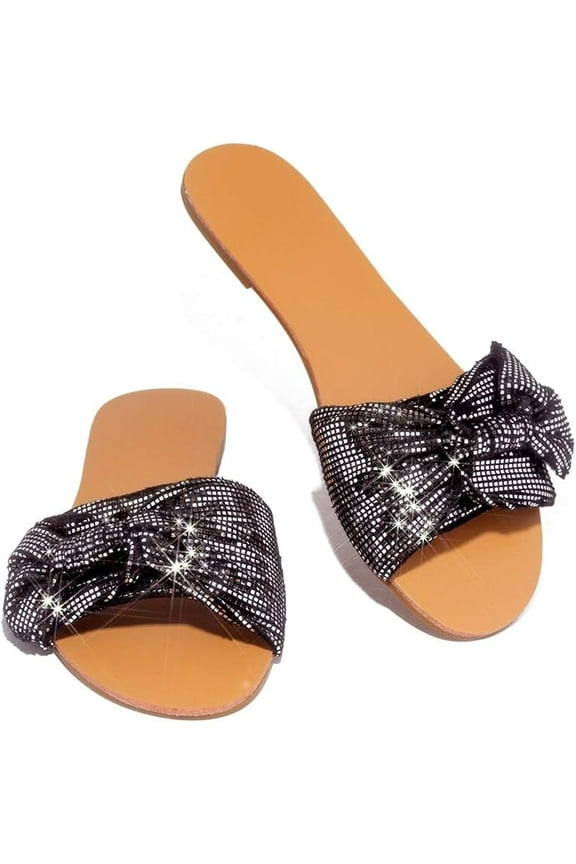 Shoe Republic Kentt Feeling Hot Black Shimmer Flat open Toe Slide Mule Sandals (Black, 9)
