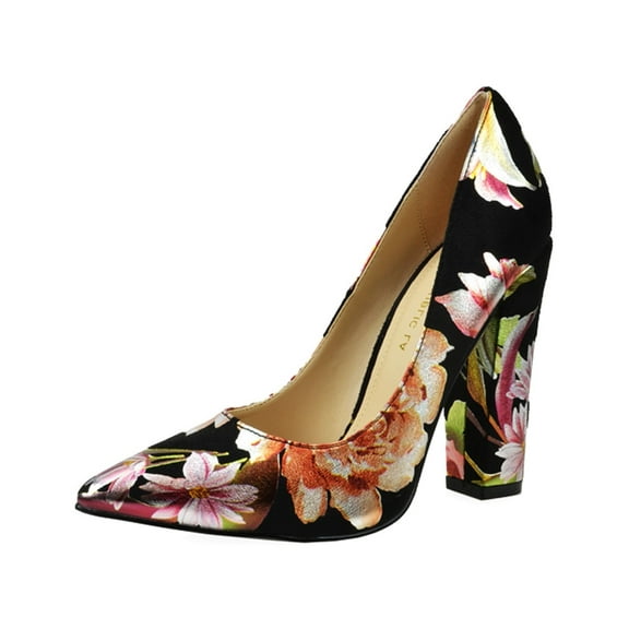 Shoe Republic LA Dafne Black Floral Print Pointed Thick High Heel Fashion Pumps (Black Floral, 6)