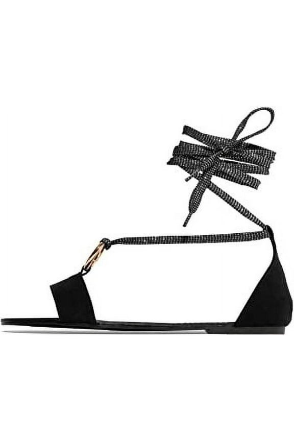 Shoe Republic LA Ripa Black Open Toe Closed Back Wrap Closure Flat Mules (Black, 6)