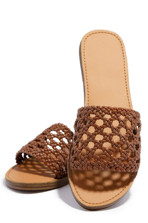 Shoe Republic Reims Cognac Tan Woven Vegan Leather Open Toe Flat Sandals