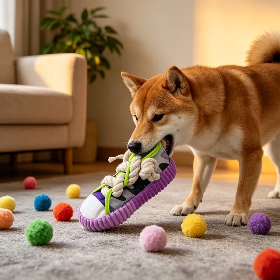 Shoe-Shaped Dog Chew Toy, Funny Shoe Squeaky Toy, Cottons Weave Teething Toys to Keep Them Busy, Outdoor Interactive Tough Toys for Small and Medium Dogs (Purple)