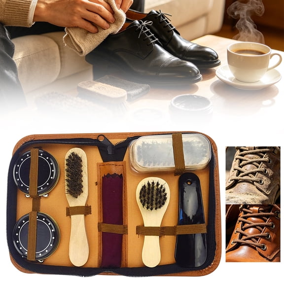 Shoe Shine Kit, 8 Piece Leather Care Set with Brush & Polish, Travel Compact 17.5X10Cm Case, for Boots Sneakers and Furniture