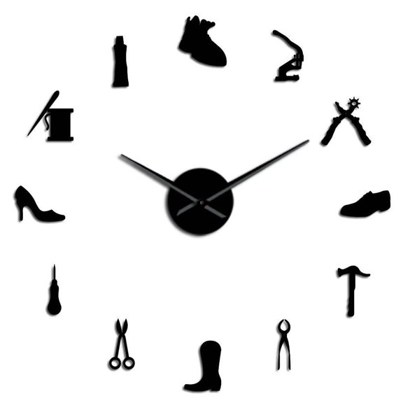 Shoe Shop Shoemaker Tool Profession DIY Wall Clock Vintage Cobbler Tool Shoe Hammer Self Adhesive Acrylic Mirror Sticker Clock(Black,27inch)