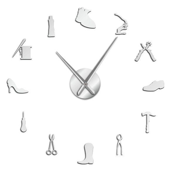 Shoe Shop Shoemaker Tool Profession DIY Wall Clock Vintage Cobbler Tool Shoe Hammer Self Adhesive Acrylic Mirror Sticker Clock(Silver,27inch)