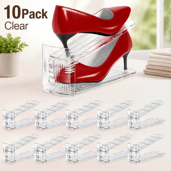 Shoe Slots Organizer 10 Pack - Adjustable 3 Level Shoe Stackers, Double Layer Closet Space Savers 50%, Transparent Shoe Holders