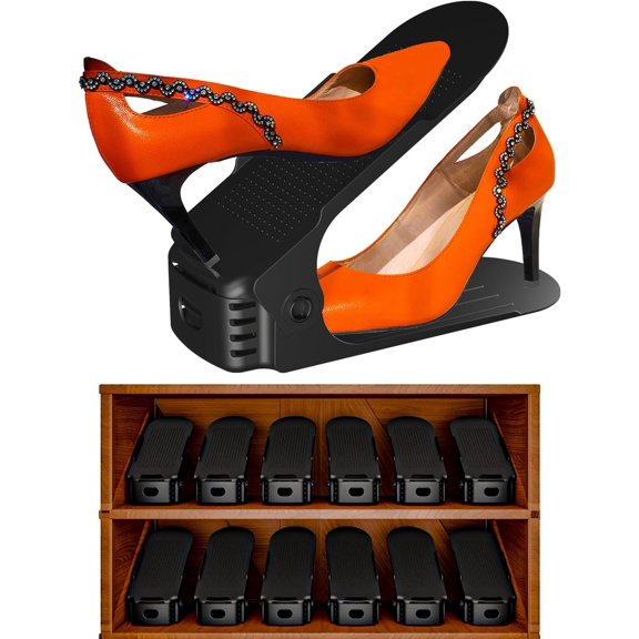 Shoe Slots Organizer, 12 count Adjustable Double Layer Stack Shoe Rack, 50% Space-Saving Storage Rack Holder, Black