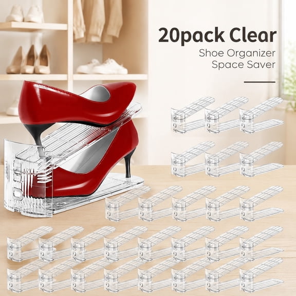 Shoe Slots Organizer 20 Pack - Adjustable 3-Level Shoe Stackers, Space Saver 50%, Double Layer Closet Holders, Transparent