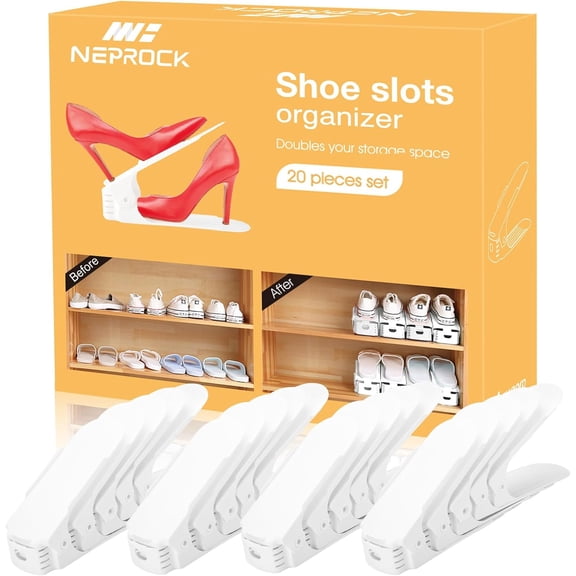 Shoe Slots Organizer, 20 Pack Adjustable Shoe Rack Stacker Storage Space Saver, Double Deck Shoe Rack Holder for Closet Organization (White)