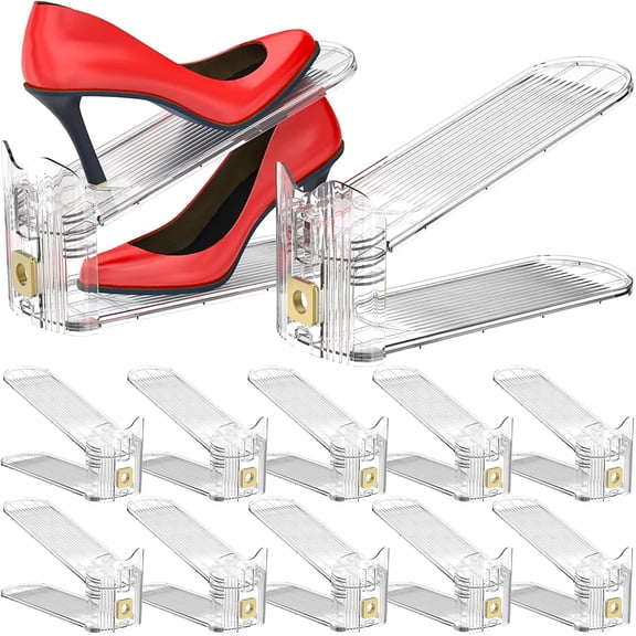 Shoe Slots Organizer,Adjustable Shoe Stackers,10 Pack Shoe Space Savers,Double Layer Shoe Riser Shoe Slot,Shoe Storage Holder for Closet,Transparent