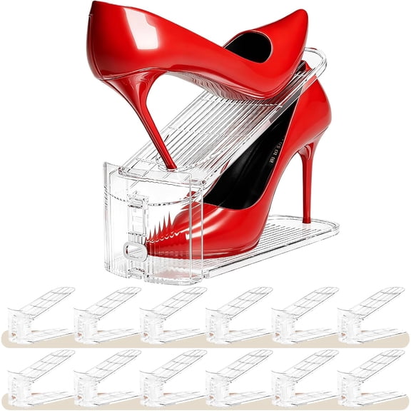 Shoe Slots Organizer for Closet,12 Pack Acrylic Shoe Stackers for A Pair of Shoes,3 Levels Adjustable Shoe rack storage Shoe Space Saver 50% (Clear,12 Pack)
