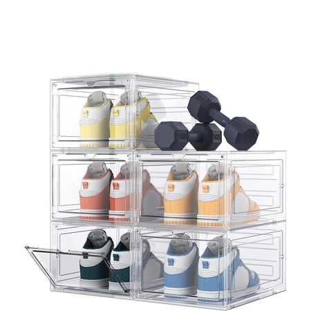 Shoe Storage, 6 Pack Shoe Organizer Clear Hard Plastic Shoe Box, Stackable with Lids, Transparent